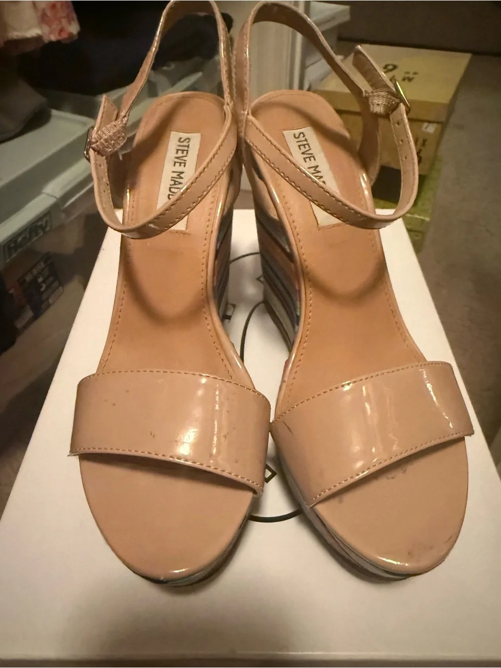 Steve Madden Nude Patent Strappy Wedges with Multi-Color Striped Platform